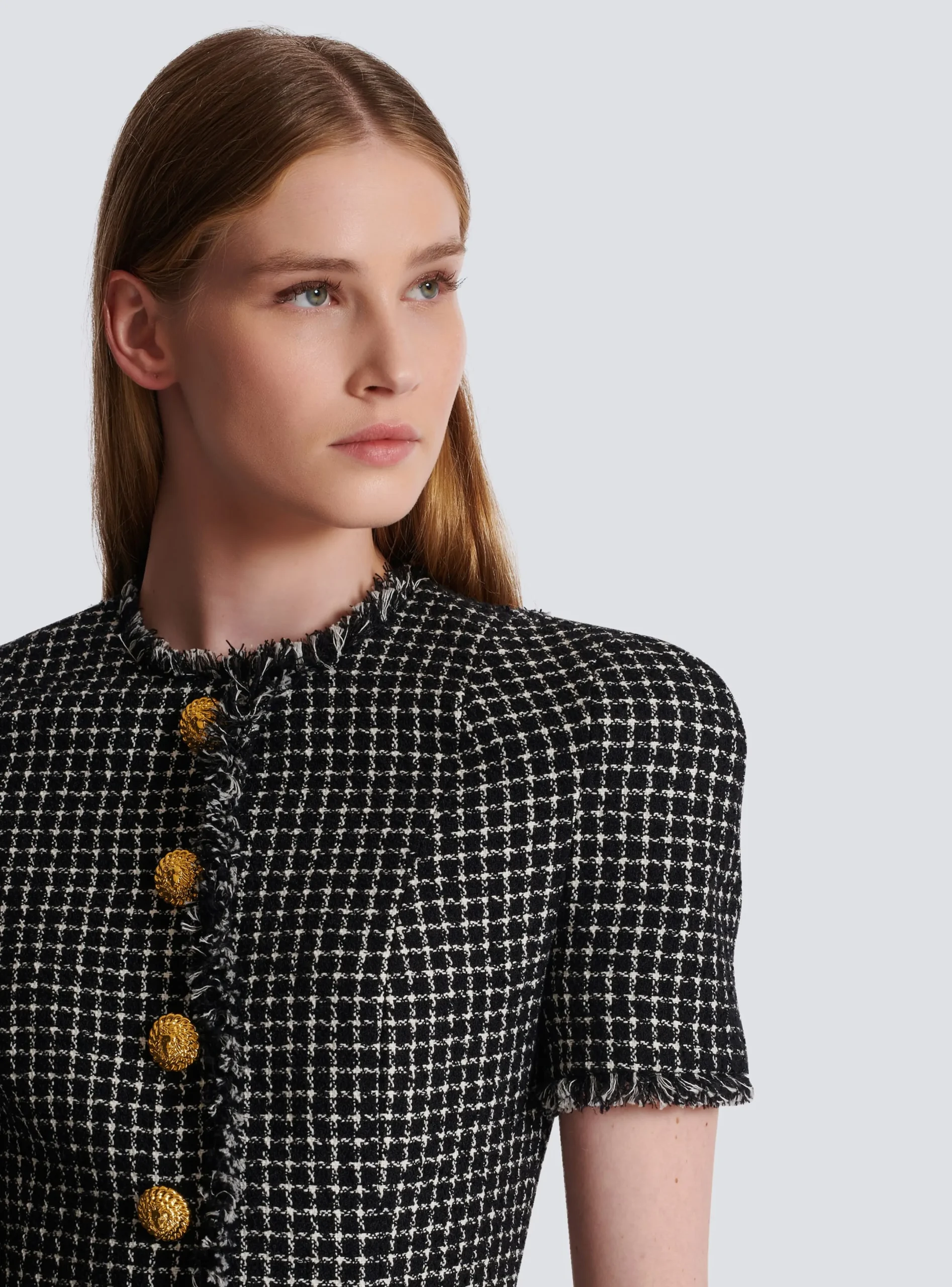Store Pleated Flared Dress In Gingham Tweed Women Dresses