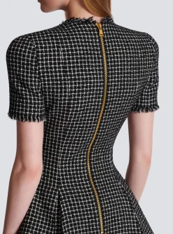 Store Pleated Flared Dress In Gingham Tweed Women Dresses