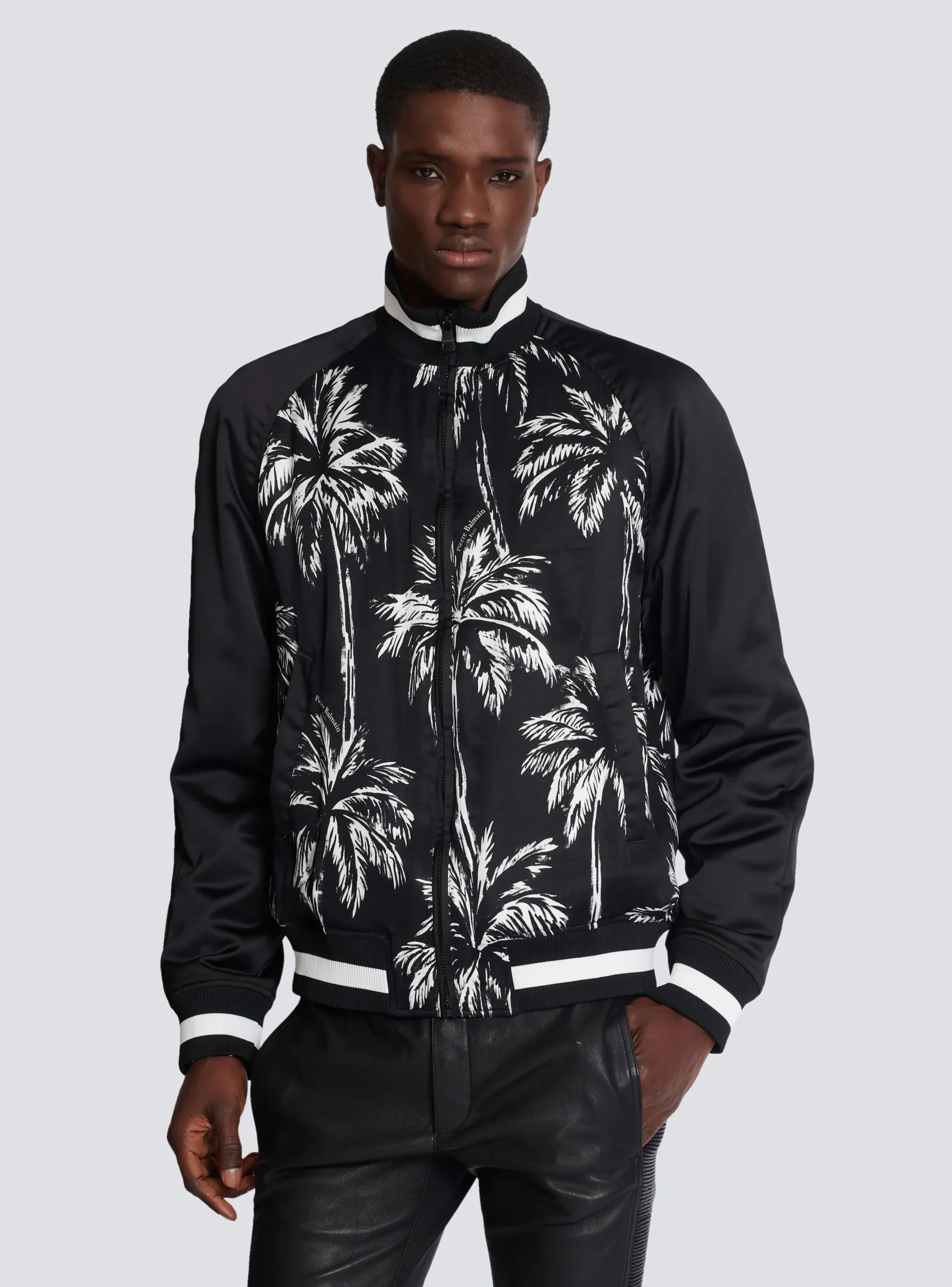 Sale Printed Satin Palm Tree Bomber Jacket Outerwear