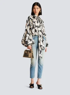 Cheap Printed Silk Shirt With Tie Neck Women Tops And Shirts