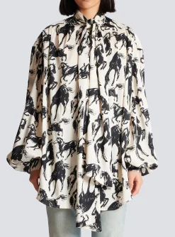 Cheap Printed Silk Shirt With Tie Neck Women Tops And Shirts