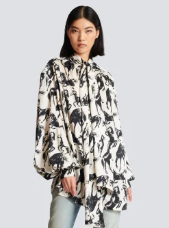 Cheap Printed Silk Shirt With Tie Neck Women Tops And Shirts
