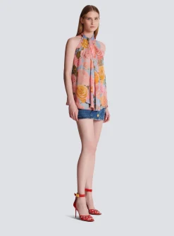 New Pussy Bow Top With Pastel Roses Print Women Tops And Shirts