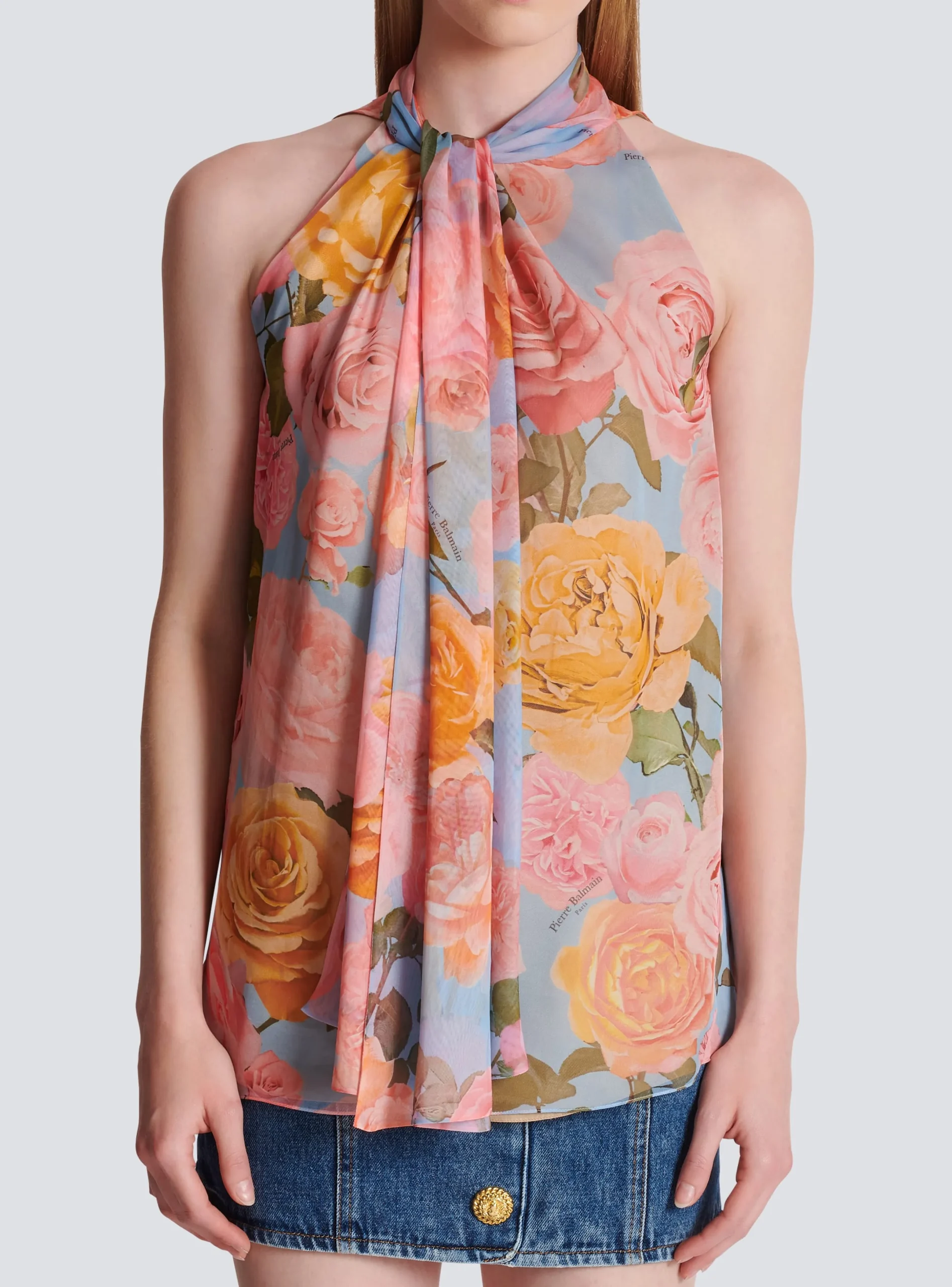 New Pussy Bow Top With Pastel Roses Print Women Tops And Shirts