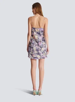 New Short Satin Slip Dress With Feather Print Women Dresses