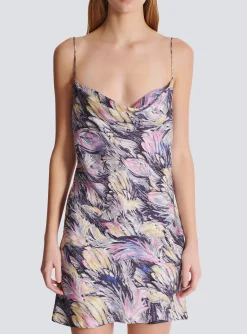 New Short Satin Slip Dress With Feather Print Women Dresses
