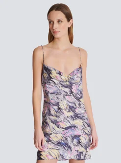 New Short Satin Slip Dress With Feather Print Women Dresses