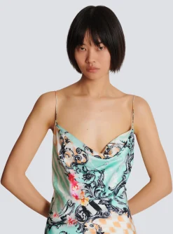 Cheap Short Satin Slip Dress With Baroque Print Women Dresses