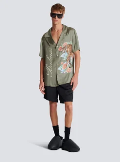 Fashion Short-sleeved Satin Shirt With Tiger Print Shirts And Polos