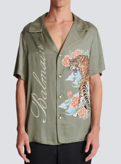 Fashion Short-sleeved Satin Shirt With Tiger Print Shirts And Polos