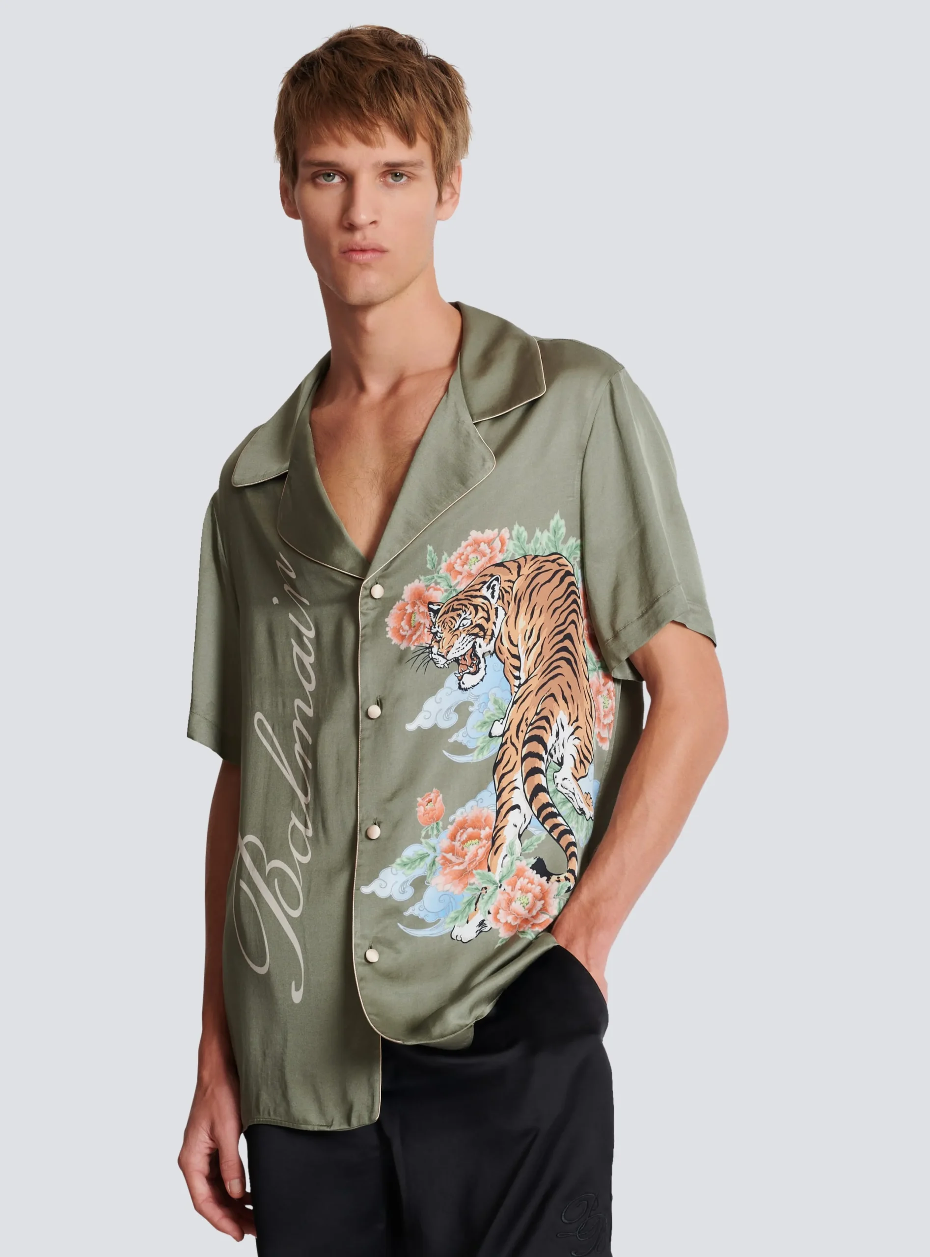 Fashion Short-sleeved Satin Shirt With Tiger Print Shirts And Polos