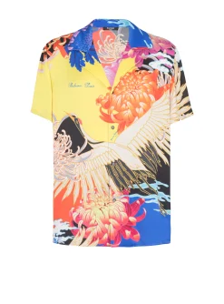 Flash Sale Short-sleeved Satin Shirt With Crane Print Shirts And Polos