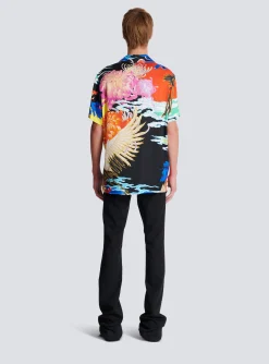 Flash Sale Short-sleeved Satin Shirt With Crane Print Shirts And Polos