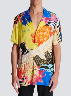 Flash Sale Short-sleeved Satin Shirt With Crane Print Shirts And Polos