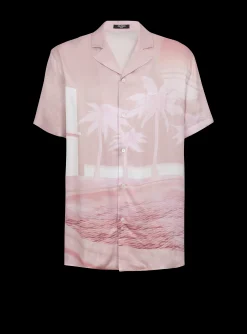 Outlet Short-sleeved Twill Pyjama Shirt With Postcard Print Shirts And Polos