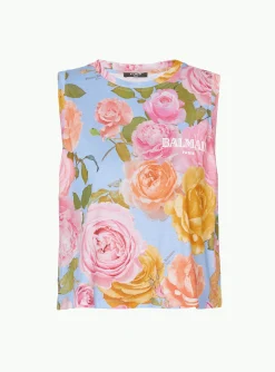 New Tank Top With Pastel Roses Print Women T-Shirts