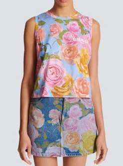 New Tank Top With Pastel Roses Print Women T-Shirts