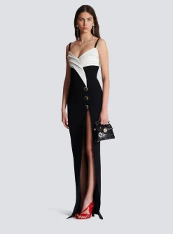 Outlet Two-tone Long Crepe Dress With Leg Slit Women Dresses